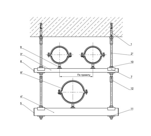 Крепления нескольких трубопроводов к перекрытию в Новополоцке